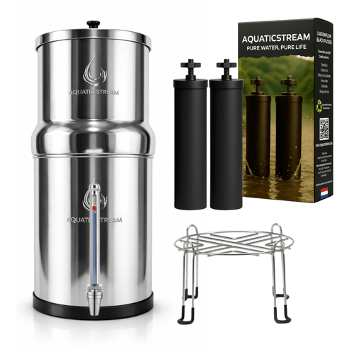 Aquaticstream waterfilter Aquaticstream 8,5 L zwaartekrachtfiltersysteem | CarbonFlow Black Filters + 7" RVS WaterView-kraan + Standaard