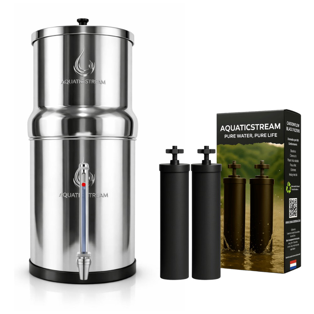 Aquaticstream CarbonFlow Black Filters Aquaticstream 8,5 L zwaartekrachtfiltersysteem | CarbonFlow Black Filters + 7" RVS WaterView-kraan