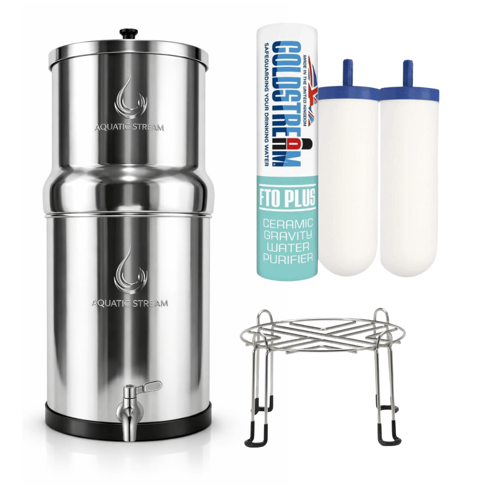 Aquaticstream waterfilter Aquaticstream 8,5 L zwaartekrachtfiltersysteem | Coldstream FTO+ Filters + RVS-kraan + Standaard