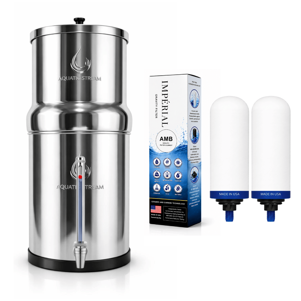 Aquaticstream waterfilter Aquaticstream 8,5 L zwaartekrachtfiltersysteem | Imperial™ AMB Filters + 7" RVS WaterView-kraan