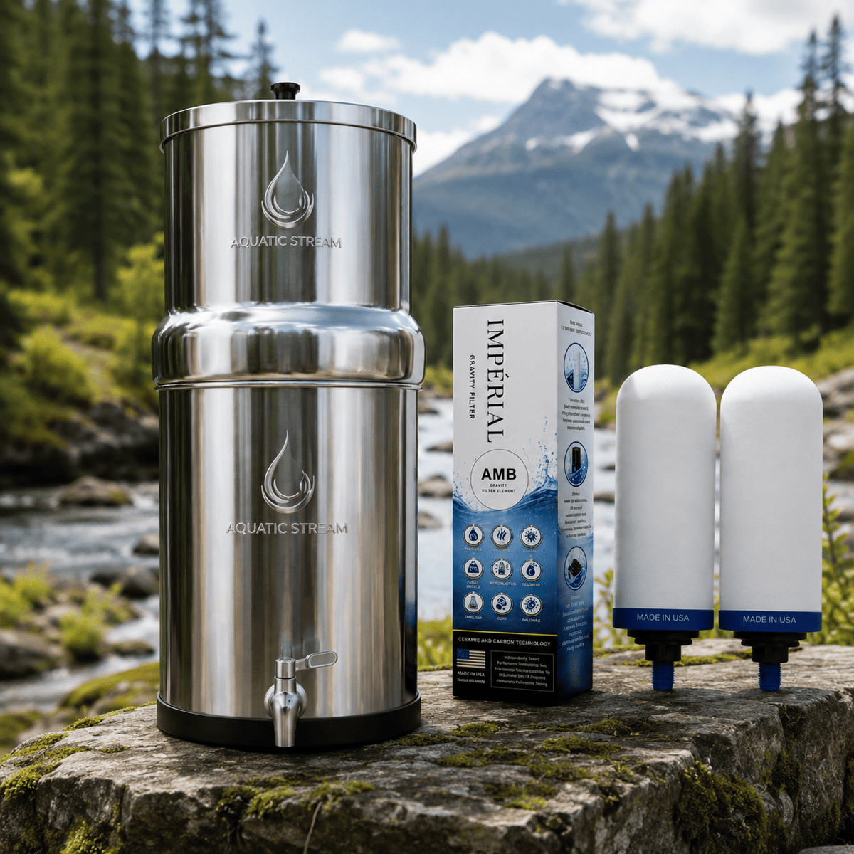 Aquaticstream waterfilter Aquaticstream 8,5 L zwaartekrachtfiltersysteem | Imperial™ AMB Filters + 7" RVS WaterView-kraan