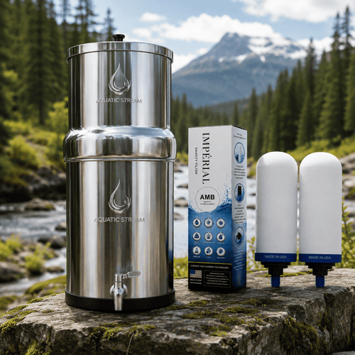 Aquaticstream waterfilter Aquaticstream 8,5 L zwaartekrachtfiltersysteem | Imperial™ AMB Filters + 7" RVS WaterView-kraan