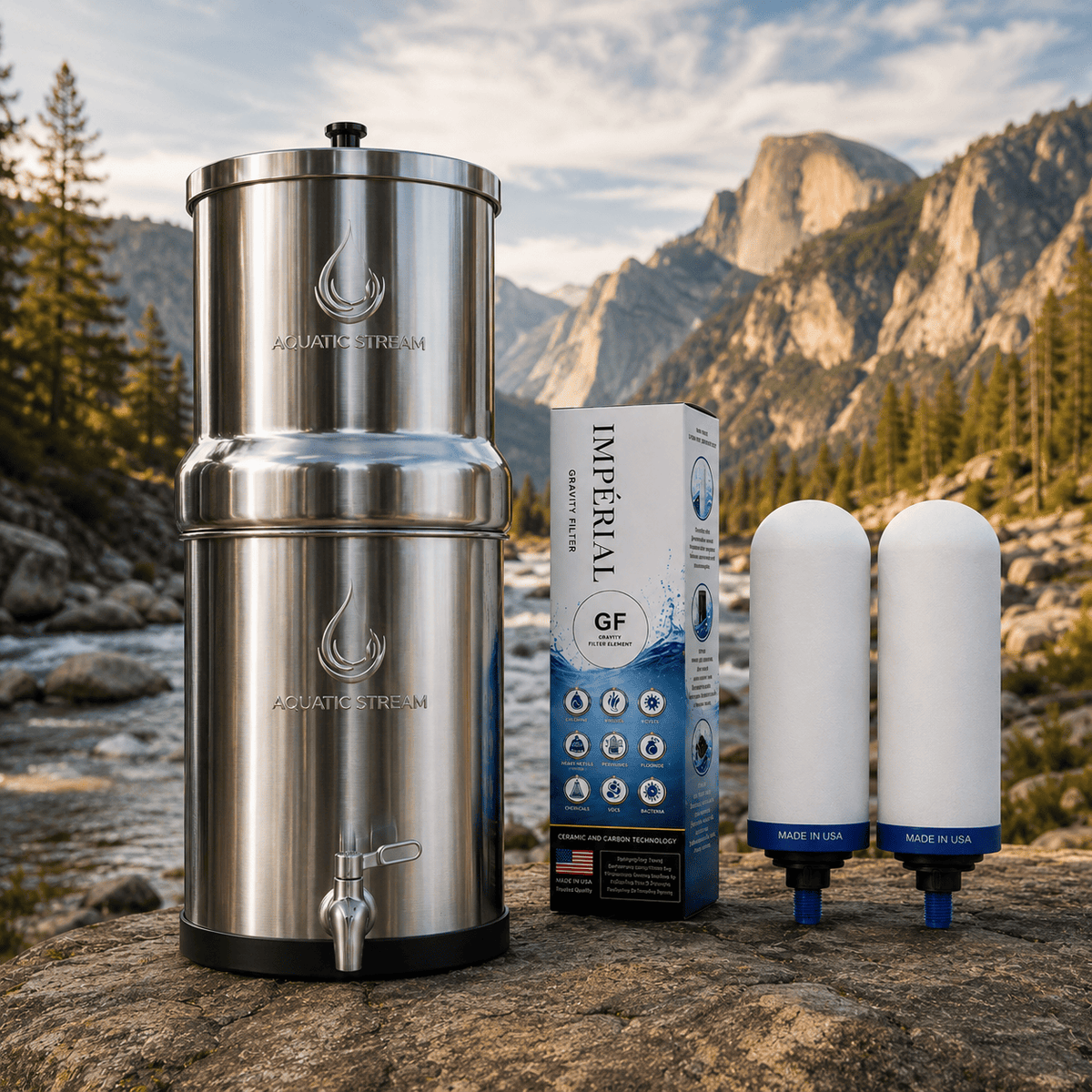 Aquaticstream waterfilter Aquaticstream 8,5 L zwaartekrachtfiltersysteem | Imperial™ GF Filters + 7" RVS WaterView-kraan