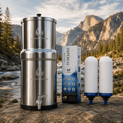 Aquaticstream waterfilter Aquaticstream 8,5 L zwaartekrachtfiltersysteem | Imperial™ GF Filters + 7" RVS WaterView-kraan
